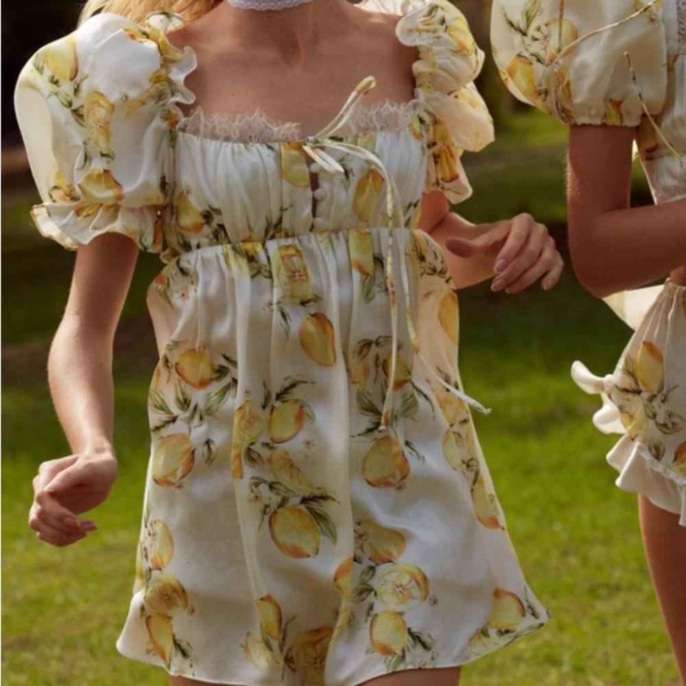 For Love & Lemons x Free People Lemon Print Med 8/10 Ivory Yellow Babydoll Mini